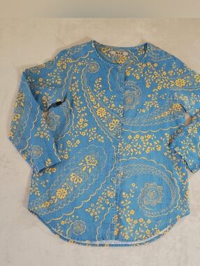 FLAX Linen Long Sleeve Button Down Tunic Shirt Shacket Small Blue Yellow Floral